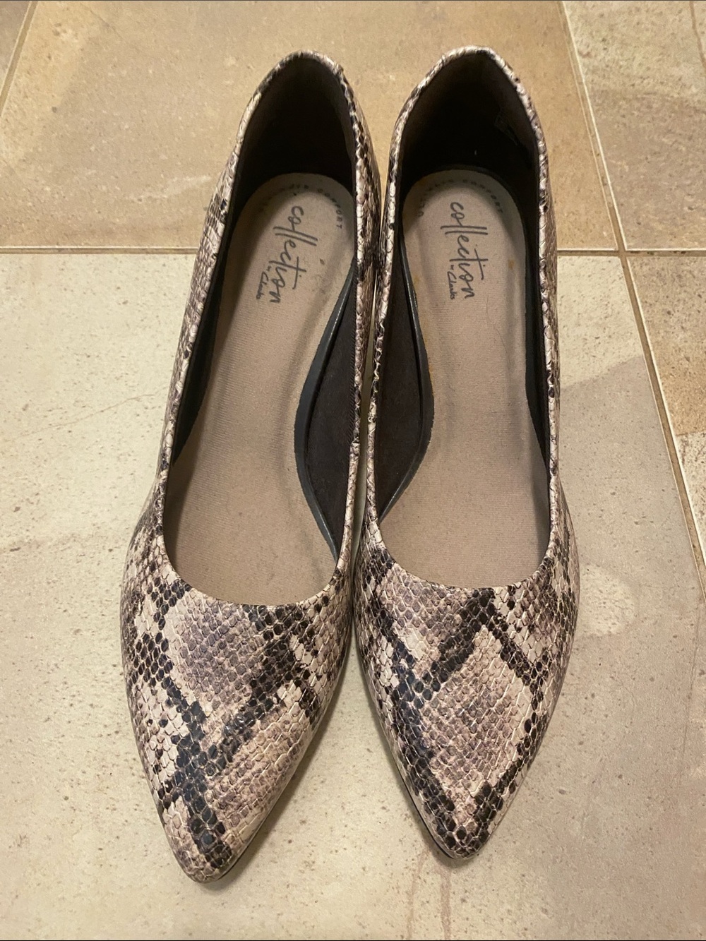 Collection B Snake-Print Pointed Flats in Taupe and Black